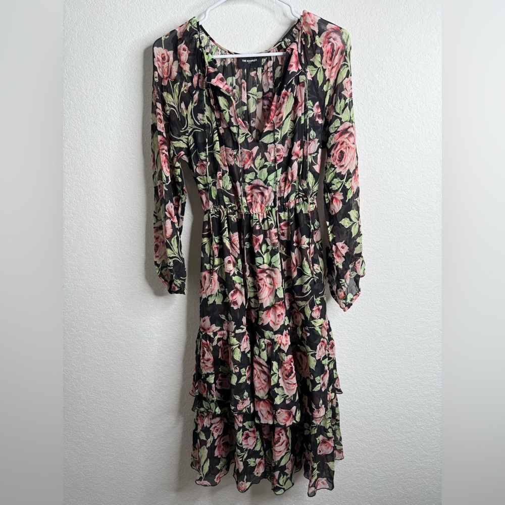 The Kooples 100% Silk Midi Dress With Roses Flowy Ruffled Sz 1= Small - Picture 4 of 16